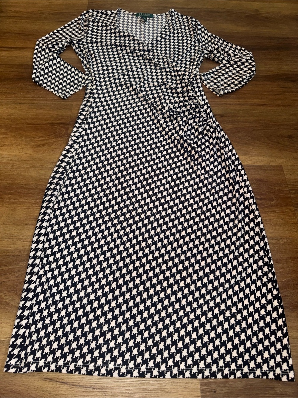 Lauren Ralph Lauren Small Women's Houndstooth Surplice Dress Black/White - Picture 2 of 8